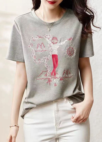 Grey O Neck Embroidered Patchwork Cotton T Shirt Summer