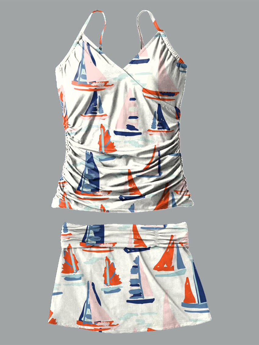 Sailboat V-Neck Vintage Flowers Print Suspender Skirt Tankini Pantskirt Set Swimsuit