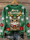 Merry Christmas Cat Art Women's Cozy Plush Sweater elevenforest