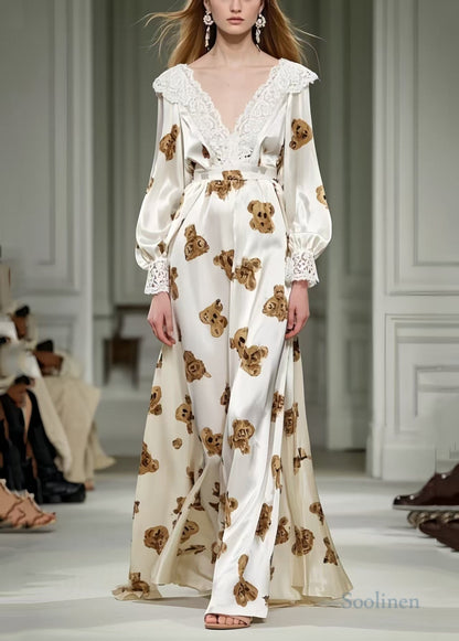 Little Bear Print Patchwork Lace Silk Long Dress Spring