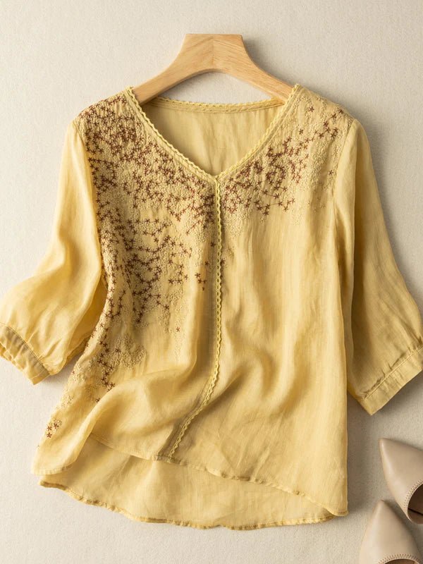 Embroidered V Neck 3/4 Sleeve Linen Top