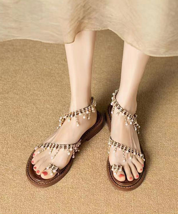 Original Brown Pearl Tassel Splicing Walking Sandals