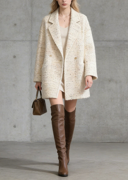 French Beige Peter Pan Collar Pockets Woolen Coat Spring