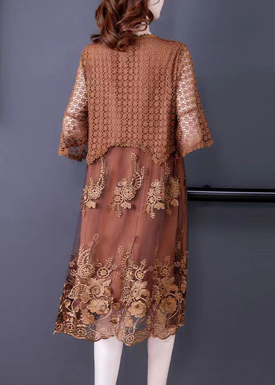 Brown O-neck Embroidered Lace Vacation Dresses Half Sleeve