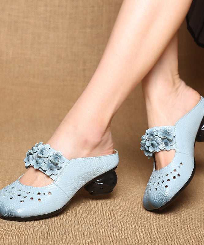 Retro Blue Cowhide Leather Splicing Slide Sandals