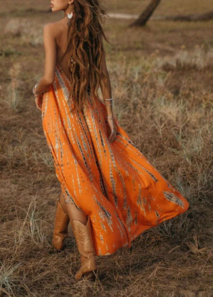 Orange V Neck Print Chiffon Spaghetti Strap Dress Summer