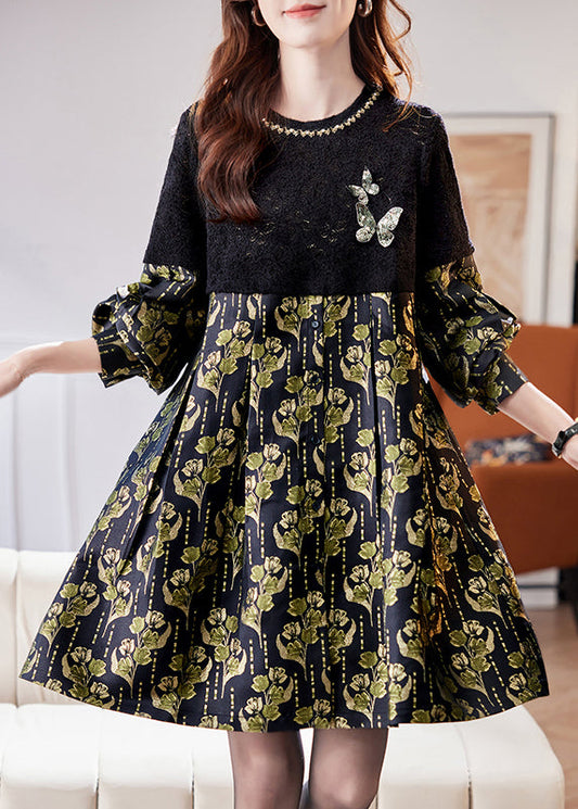 Jacquard Black Hollow Out Sequins Patchwork Mid Dress Fall