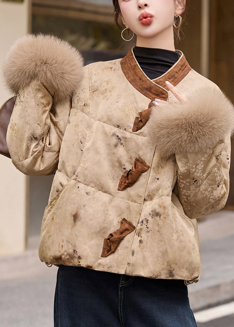 Khaki Print Patchwork Fox Fur Duck Down Winter Coats