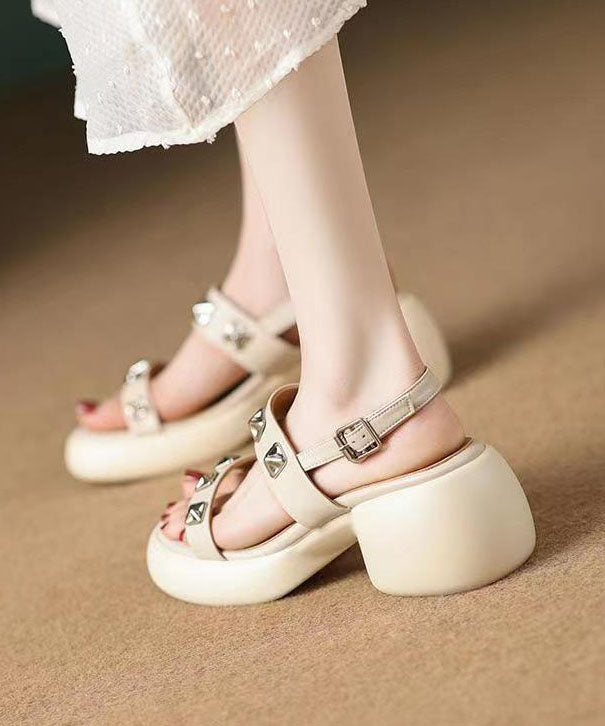 Beige Sandals Chunky Faux Leather Diy Splicing Rivet Buckle Strap