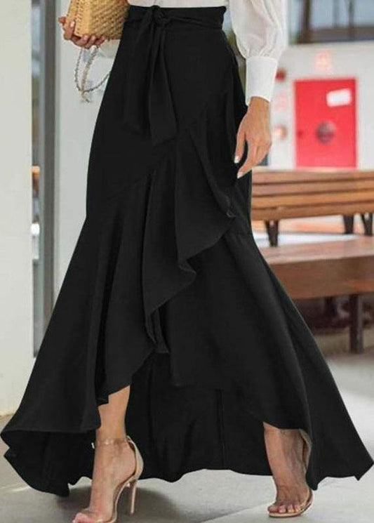 Color High Waist Ruffle High Low Hem Swing Maxi Skirts for