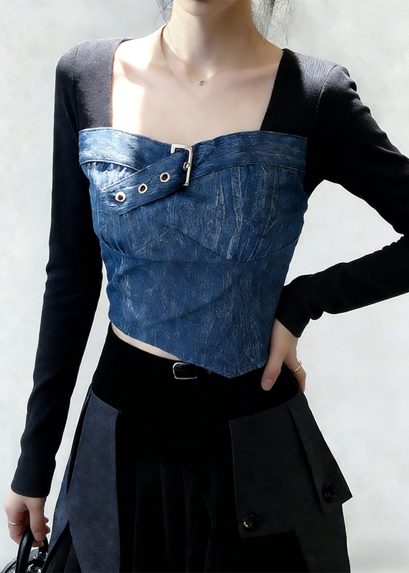 Black Square Collar Patchwork Denim Shirt Tops Spring