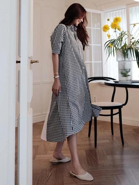 French Black White Plaid Cotton Clothes Lapel Low High Design Cotton Dress