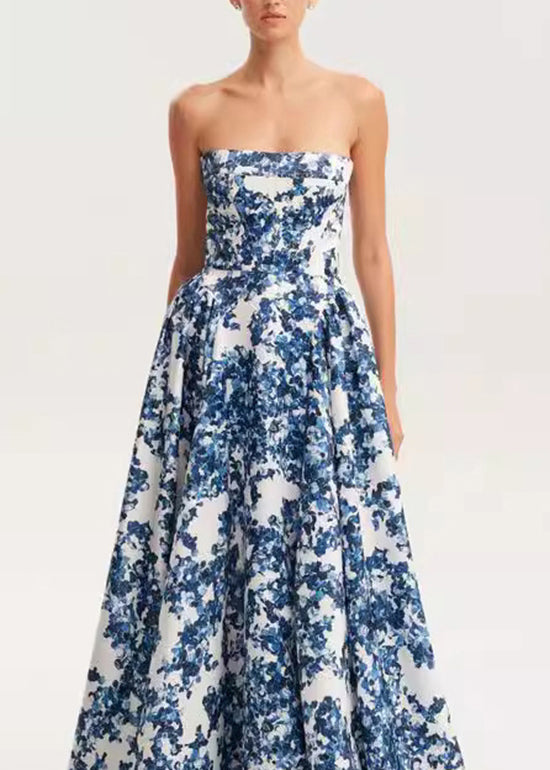 Blue Strapless Print Cotton Long Dress Sleeveless