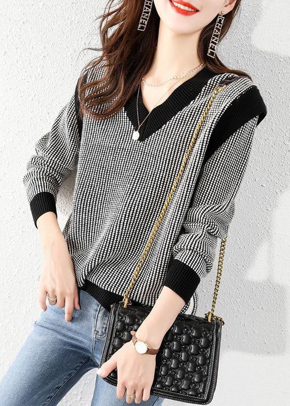 Black V Neck Plaid Knit Sweater Tops Winter