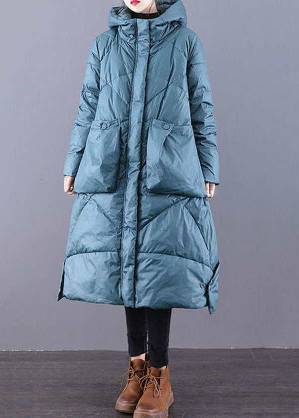 Blue Hooded Zippered Oversized Thick Cotton Blend Puffers Jackets Winter