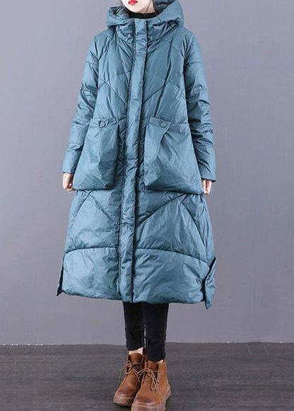 Blue Hooded Zippered Oversized Thick Cotton Blend Puffers Jackets Winter