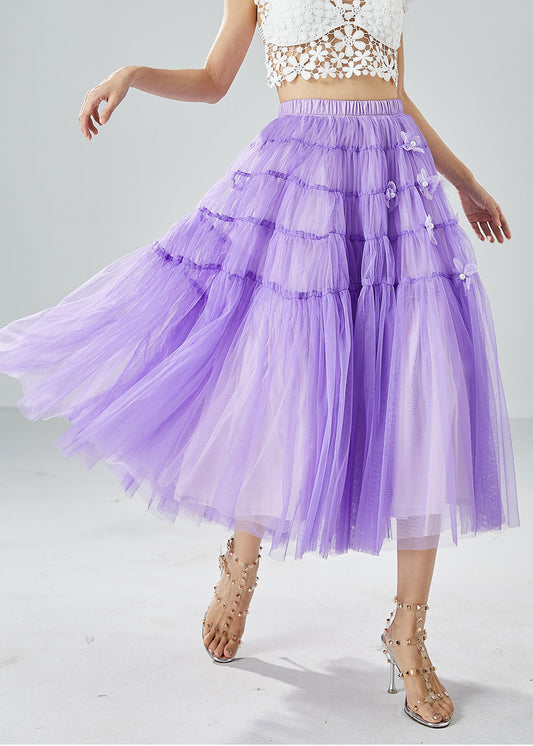Purple Wrinkled Patchwork Pearl Tulle Skirts Summer