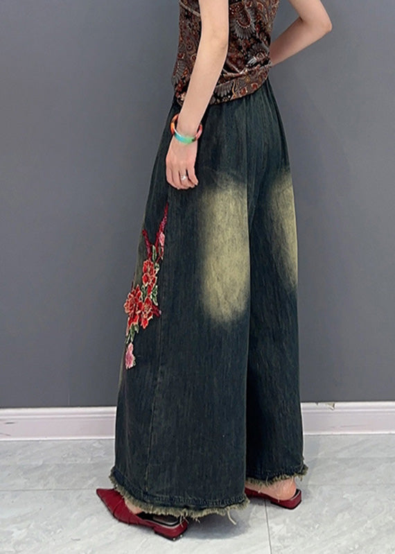 Navy Embroidered Tie Waist Elastic Waist Pockets Wide Leg Pants Summer
