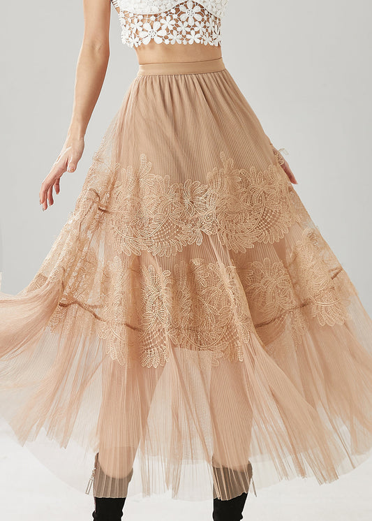 Khaki Embroidered Tulle Skirt Summer