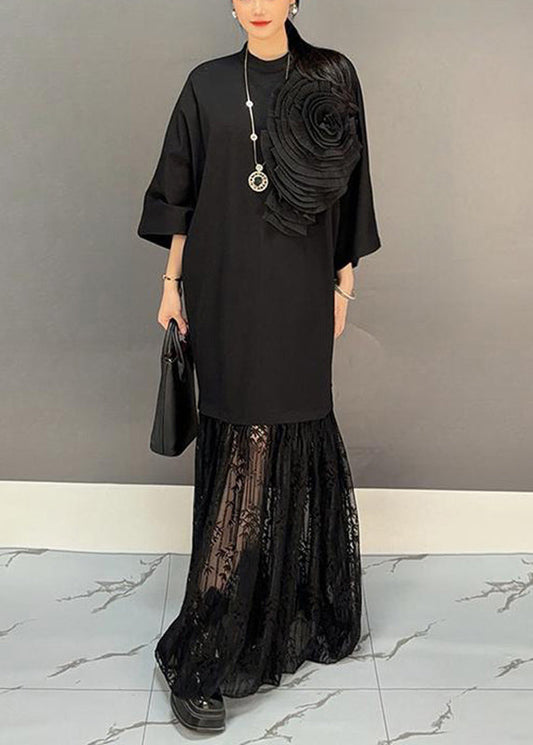 Black Lace Patchwork Maxi Dresses Fall