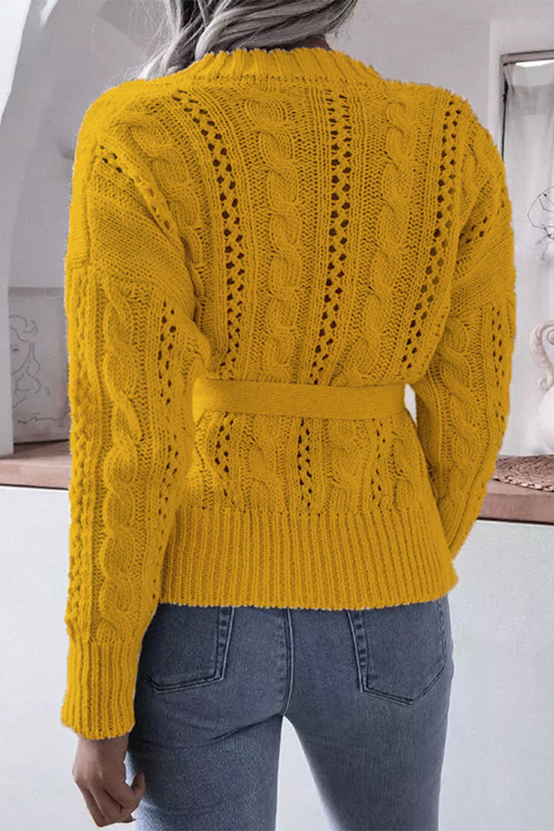 Hollowed Out Buckle With Belt Cardigan Collar Tops