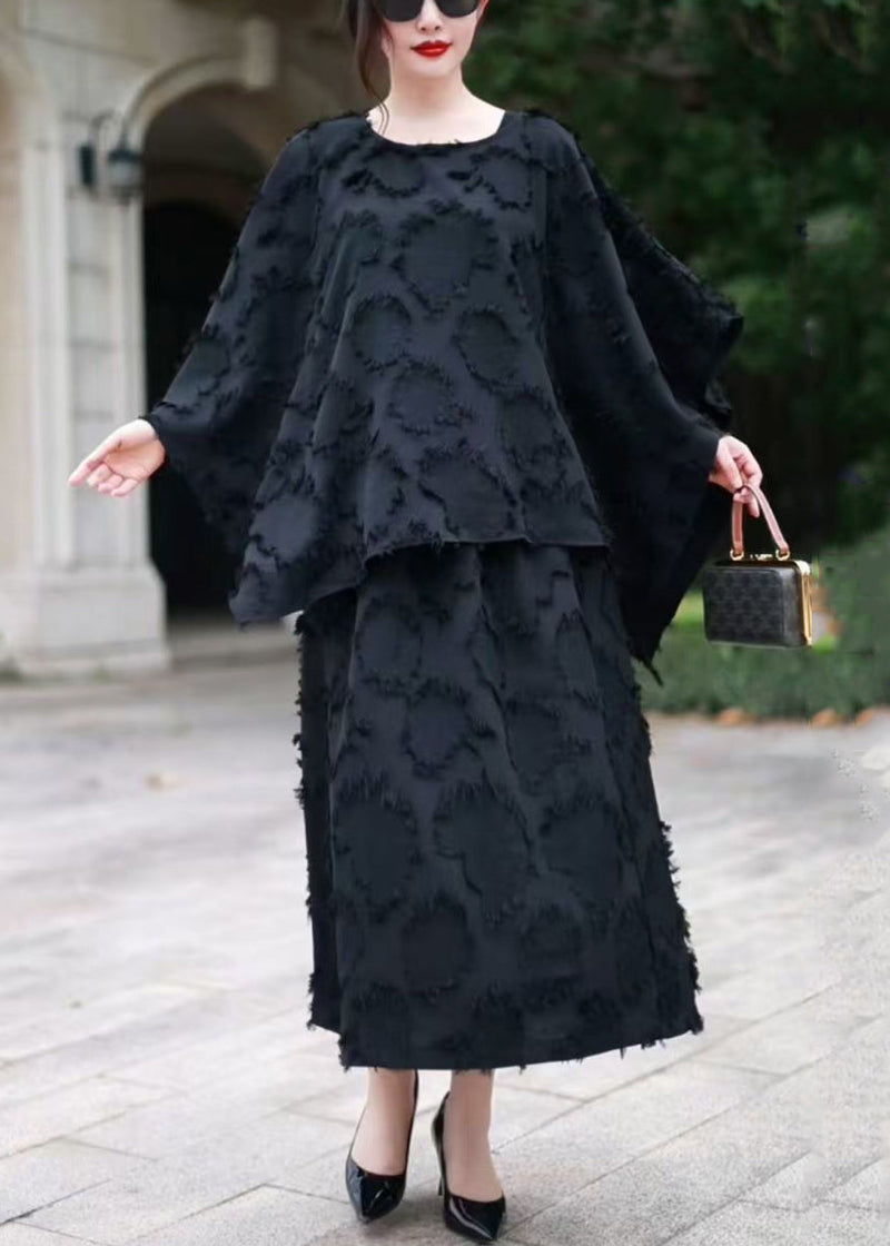 Loose Black O Neck Tops and Skirts Cotton Sets 2 Pieces Spring