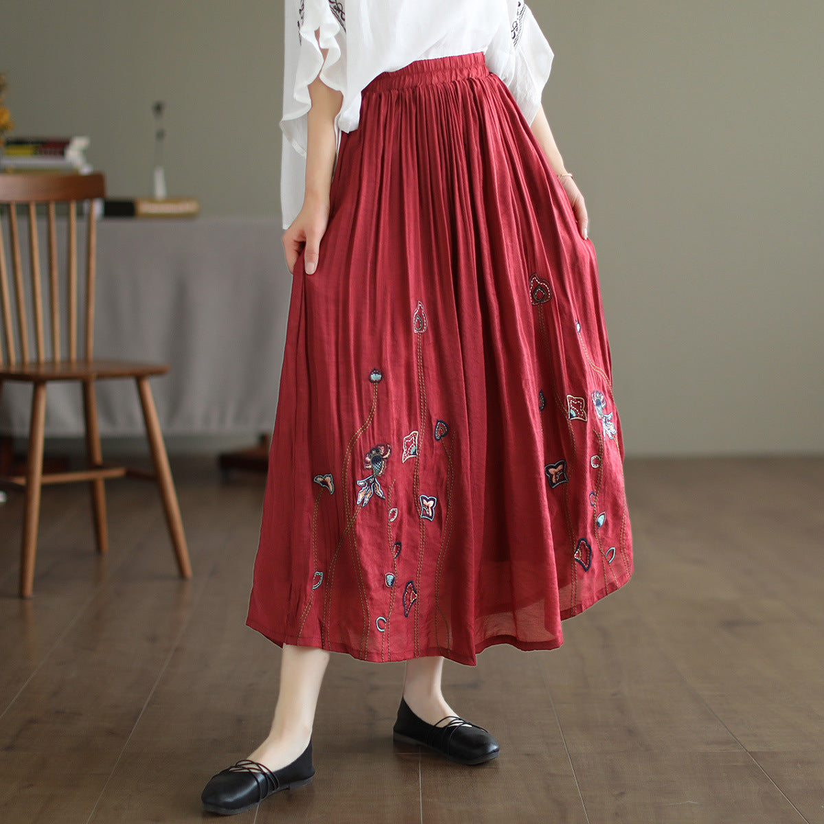 Cozy Retro Print Double-layer Linen Skirt