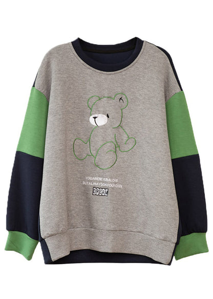 Grey O-neck Embroidered Patchwork Cotton Sweatshirt Long Sleeve