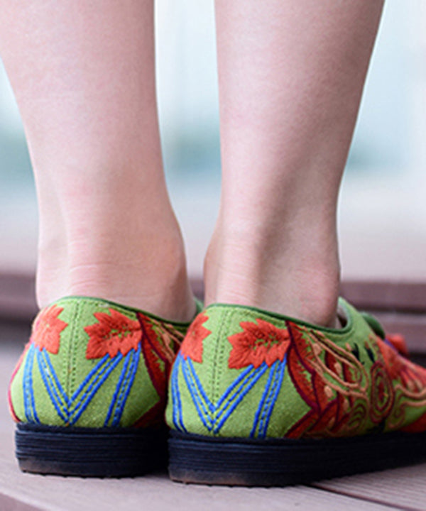 Unique Green Cotton Fabric Flat Shoes for Fish Embroideried Pointed Toe Splicing Flat Shoes