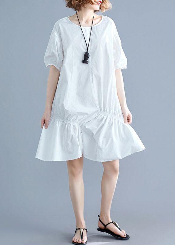 O Neck Lantern Sleeve Cotton Pattern White Dresses
