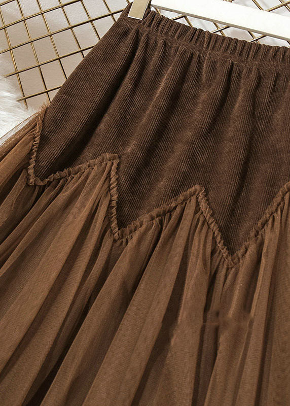 Coffee High Waist Patchwork Corduroy Wrinkled Tulle Skirt Spring