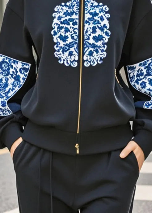 Natural Black Stand Collar Patchwork Print Cotton Sweatshirt Fall