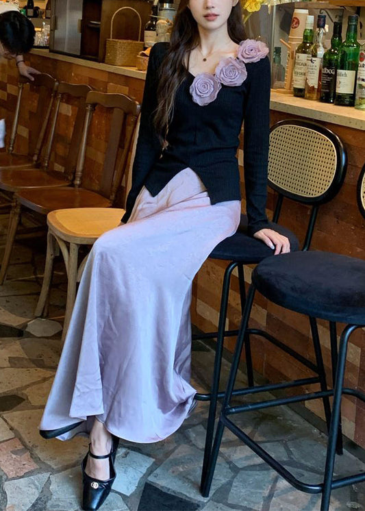 Black V Neck Knit Tops and Purple Skirts Two Pieces Set Fall