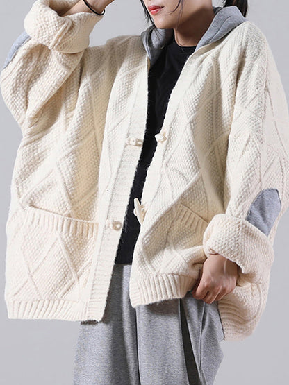 - Hooded Knitted Pocket Patchwork Sweater Coat