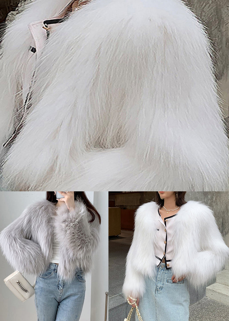 White V Neck Patchwork Faux Fur Coat Winter