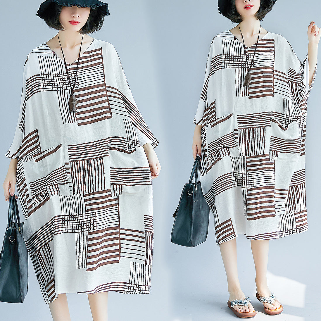 Italian O Neck Pockets Chiffon Quilting Clothes Runway Brown Oversized Dress Summer