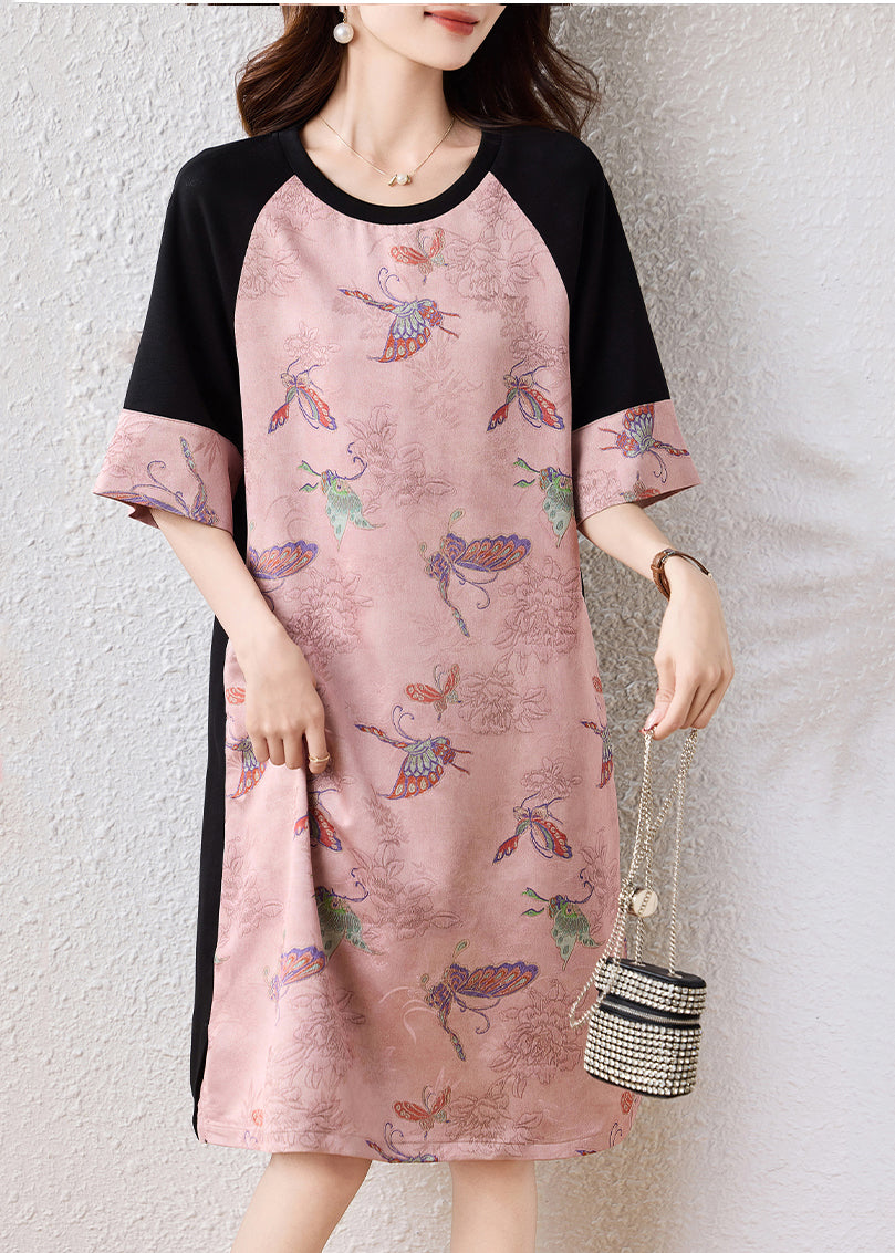 Pink Butterfly Patchwork Cotton a Line Dresses Half Sleeve