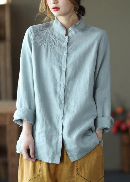 Art Pink Stand Collar Embroidered Button Linen Shirts Long Sleeve