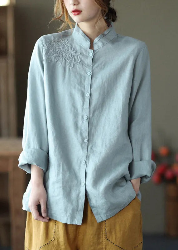 Art Pink Stand Collar Embroidered Button Linen Shirts Long Sleeve