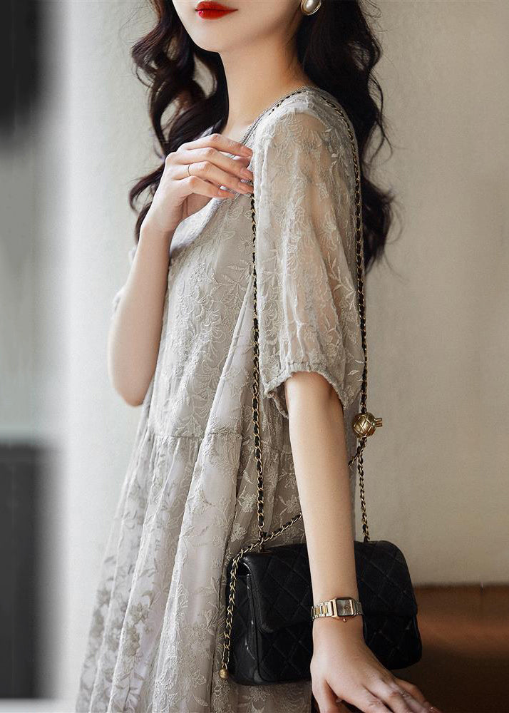 Grey Embroidered Wrinkled Patchwork Lace Dresses Summer