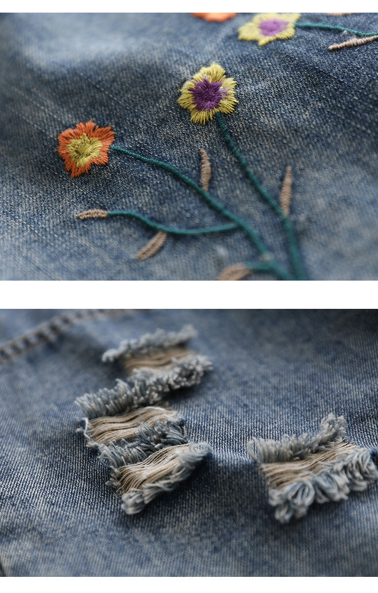 Denim Shredded Embroidered A-line Skirt