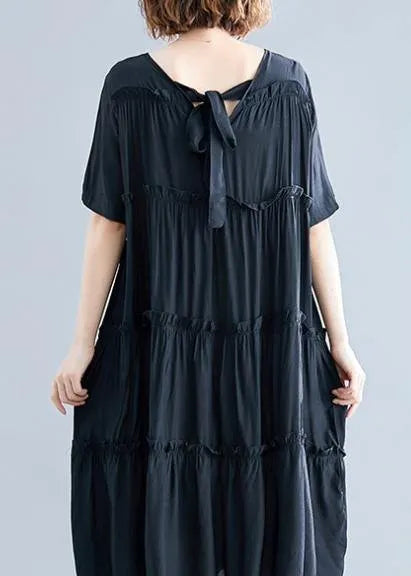 Modern Black Cotton Tunics O Neck Cinched Maxi Summer Dress