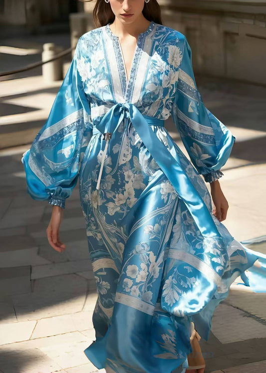 Blue Print Draping Silk Maxi Dress Lantern Sleeve