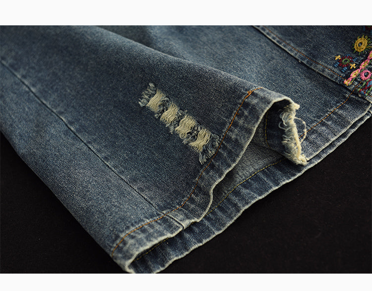 Embroidered Ripped Denim Slim A-line Skirt