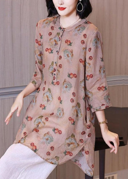 Pink Print Pockets Patchwork Linen Blouse Top Summer