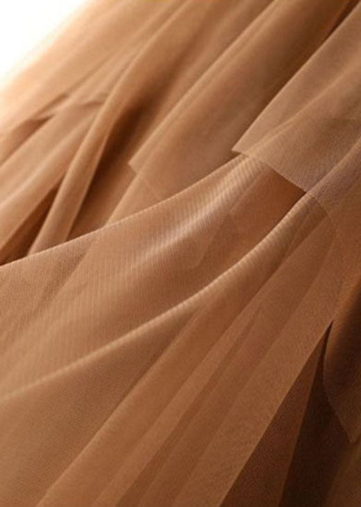 Coffee Asymmetric Design Elastic Waist Tulle Skirts Spring