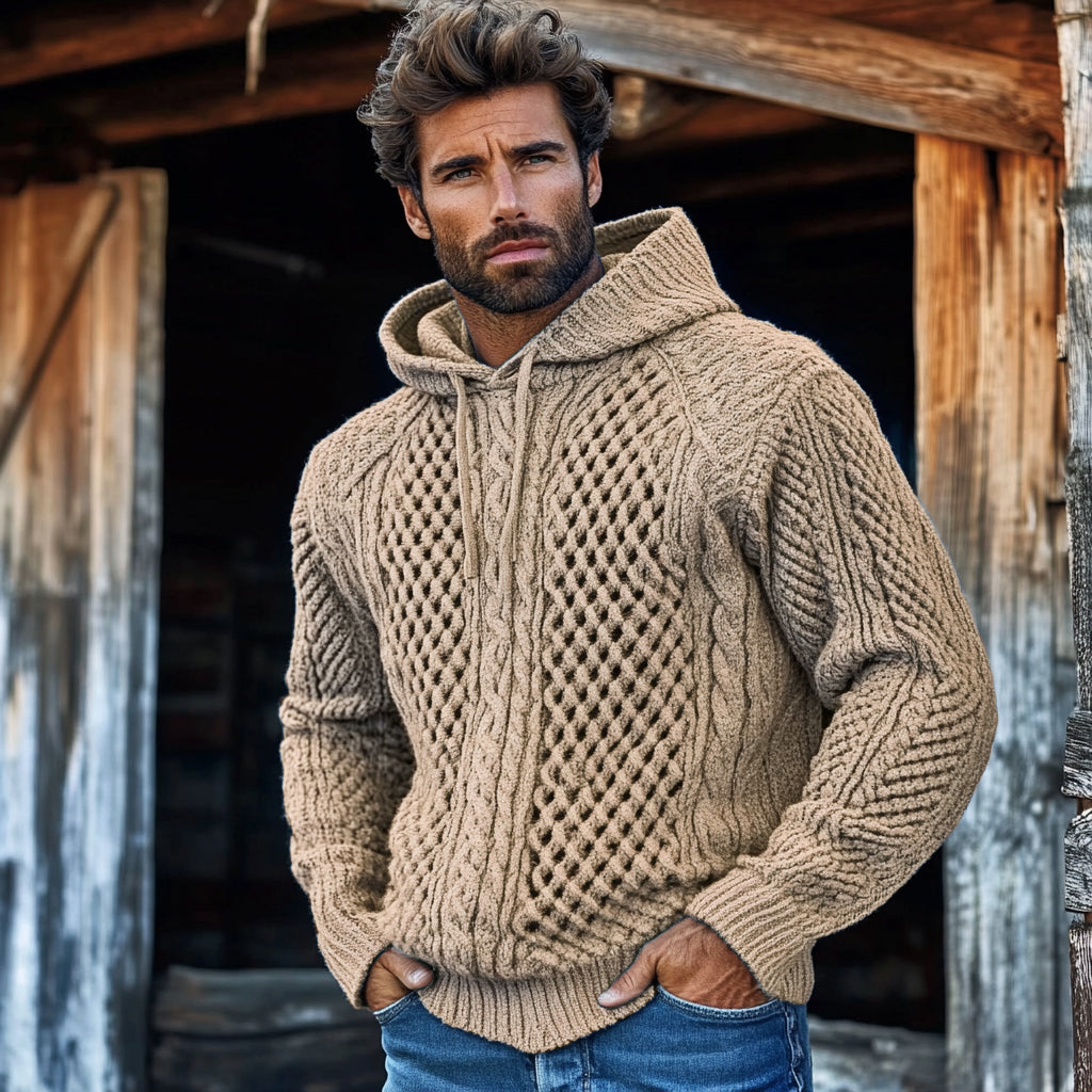 Men'S Waffle Knit Pattern Hooded Sweater elevenforest
