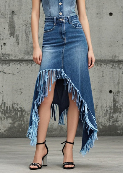 Blue Tasseled Asymmetrical Design Denim Skirt Spring