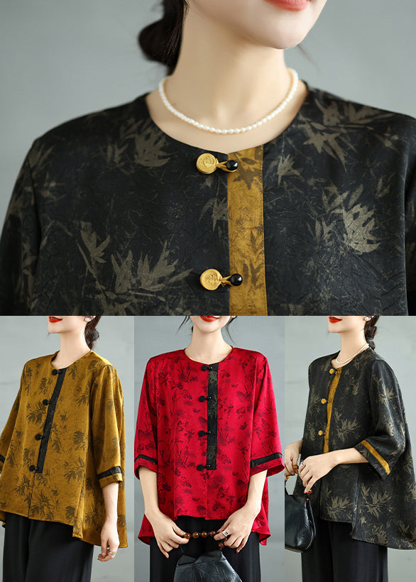 Fine Brown Chinese Button Print Silk Tops Bracelet Sleeve