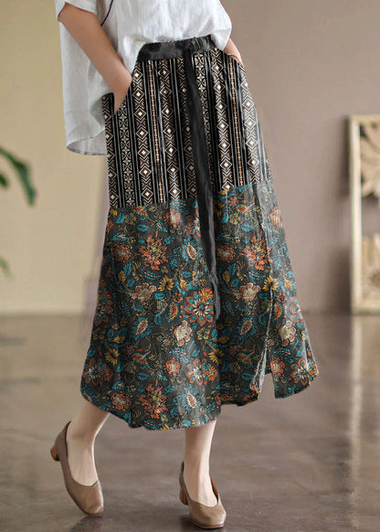 Red Geometry Elastic Waist Print Linen Skirts Summer